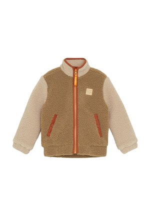 Bruine en beige fleecejas met oranje rits en zakaccenten, hoge kraag en een "Good Times" patch op de borst.