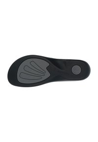 Black rubber shoe sole featuring a textured middle section with curved grooves and a circular brand logo imprint. Flat, smooth edges.