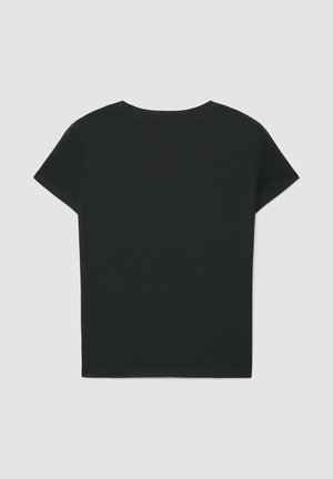 T-shirt nera a maniche corte con collo rotondo, distesa e con il retro in vista su uno sfondo grigio chiaro uniforme.