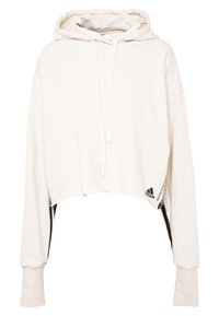 Sudadera corta blanca con capucha ajustable, mangas largas y detalles en negro. Presenta el logo de Adidas en la parte baja frontal y en el lateral.