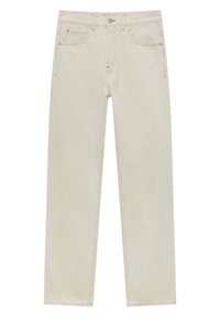 Beżowe jeansy denimowe o prostym kroju nogawki. Posiadają pięć kieszeni, zapięcie na guziki oraz złote przeszycia jako akcenty. Gładka tekstura i czysty design.