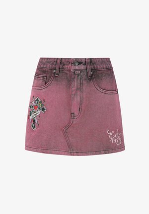 Lyserød denim mini skirt med et broderet korsdesign, der har lommer, en knaplukning og en slidt tekstur. Accentueret med "Ed 1973."