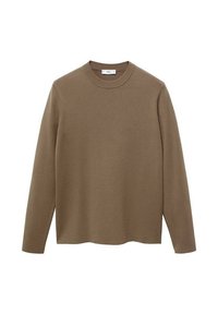 Pull marron à manches longues avec un col rond, fabriqué en matériau lisse et doux ; présente une coupe décontractée et un ourlet droit.