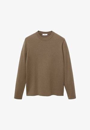 Pulover lung cu mânecă lungă, de culoare maro, cu guler rotund, realizat dintr-un material neted și moale; are o croială relaxată și o margine dreaptă.