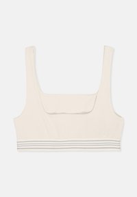 Ljusbeige ribbad bralette med breda axelremmar, fyrkantig ringning och ett horisontellt randat band längst ner med blå och grå linjer.