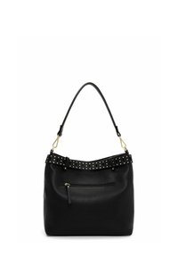 Mustast nahast käekott tekstuurse viimistlusega, naelutatud rihma ja lukuga esitaskuga. Omadusteks on kumer siluett ja kuldsed aktsendid.