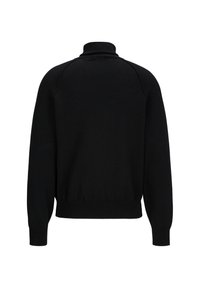 Schwarzer Pullover mit hohem Kragen, gerippten Bündchen und Saum sowie einer einfachen, strukturierten Oberfläche. Verfügt über eine lockere Passform und Raglanärmel.