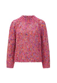 Gestrickter Pullover in mehrfarbigem Pink mit einer grob strukturierten Textur und einem gerippten Ausschnitt. Verfügt über lange Ärmel und einen lässigen Schnitt.