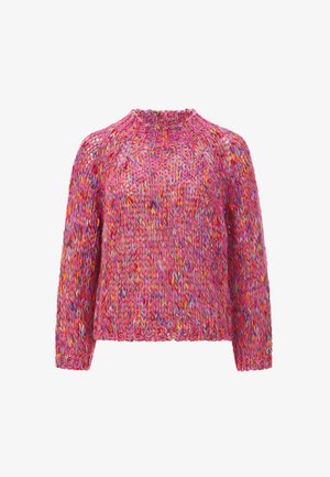 Pull en tricot multicolore rose avec une texture épaisse et un col côtelé. Il a des manches longues et une coupe décontractée.