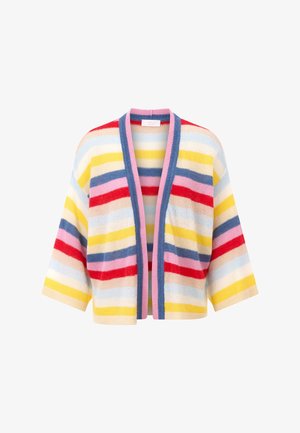 Svītrota jaka ar īsām piedurknēm, kurā ir dzelteni, zili, sarkani un rozā svītri. Mīksts, teksturēts audums ar pretēju rozā apdari.