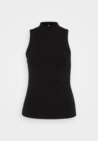 Top negro sin mangas de canalé con cuello alto. Diseño ajustado, textura suave y un pequeño acento de marca en el dobladillo.
