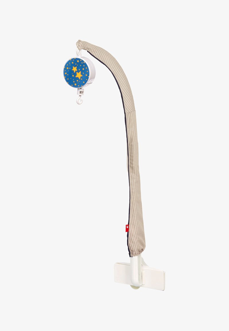 Adjustable mobile phone holder with a blue star-patterned grip, beige striped arm, and white mounting base. Soft fabric covering adds texture.