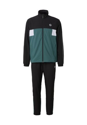 Heren trainingspak in twee delen met een zwart en turquoise jasje met ritssluiting, voorzien van witte accenten, bijpassende zwarte broek, elastische boorden en het merklogo op de borst en het been.