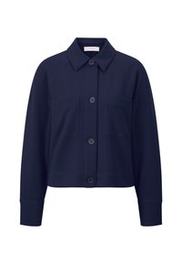 Navy blue, button-up jacket with a collar, raglan sleeves, and two front pockets. Smooth fabric with a slightly structured silhouette.