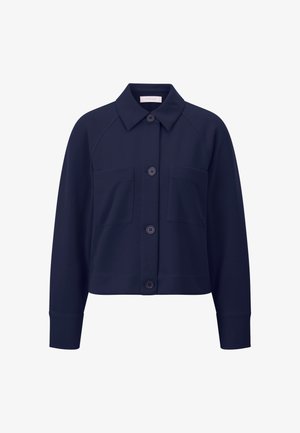 Marineblaue, knöpfbare Jacke mit Kragen, Raglanärmeln und zwei Vorderaschen. Glattes Material mit einer leicht strukturierten Silhouette.