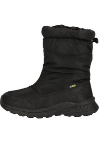 Schwarze isolierte Stiefel mit wasserabweisendem Obermaterial, gerafftem Kragen, robuster Sohle und texturiertem Finish; geeignet für winterliche Bedingungen.