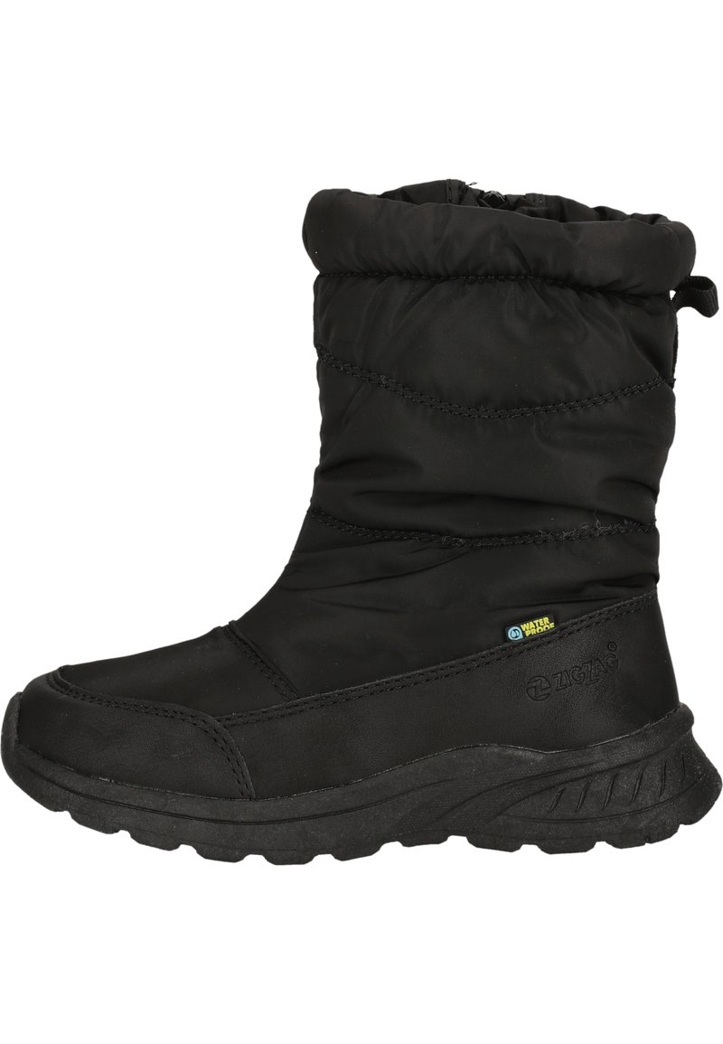 Schwarze isolierte Stiefel mit wasserabweisendem Obermaterial, gerafftem Kragen, robuster Sohle und texturiertem Finish; geeignet für winterliche Bedingungen.