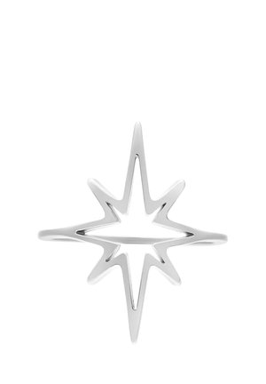 Silver ring featuring an open starburst design with eight elongated points on a plain white background.