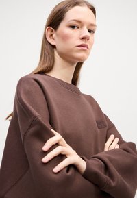 Brown sweatshirt with a crew neck, ribbed neckline, and relaxed fit. Features stitched logo detail on the chest and soft, textured fabric.
