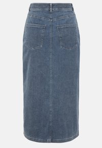 Denim-mittihame keskisinisessä, suoran siluetin, takataskujen ja ommellun helman kanssa. Minimalistinen muotoilu ilman näkyvää metalliosaa.