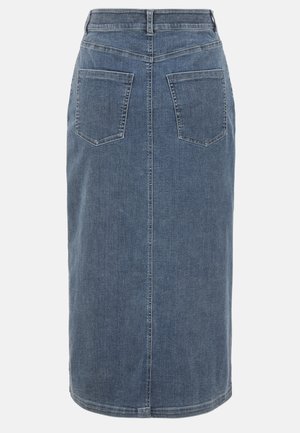Denim midi skirt in mid-blue with a straight silhouette, back pockets, and a sewn hem. Minimalist design with no visible hardware.
