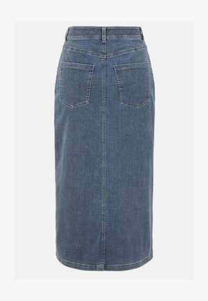 Denim-mittihame keskisinisessä, suoran siluetin, takataskujen ja ommellun helman kanssa. Minimalistinen muotoilu ilman näkyvää metalliosaa.