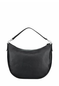 Sac à épaule en cuir noir avec une texture granuleuse, forme arrondie, bandoulière réglable et détails en métal argenté.