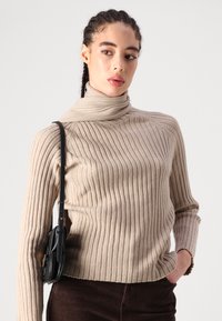 Bež triibuline turtleneck sviiter, millel on vormi järgnev disain ja pikad varrukad. Sobitatud väikese musta õlakotiga.