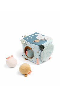 Multicolored soft fabric activity cube with textures, animal motifs, and cutouts; includes three plush balls in soft pastel colors.