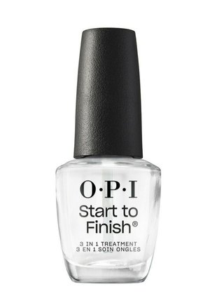 Flacon de vernis transparent portant l'étiquette OPI Start to Finish 3 en 1 Traitement avec un bouchon noir, debout sur fond blanc.