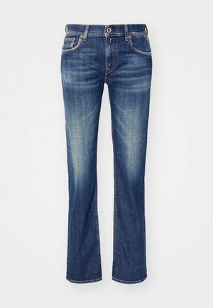 Jeans in denim blu scuro con taglio dritto, leggera scoloritura sulle cosce e design classico a cinque tasche. Presenti bottoni e rivetti in metallo.
