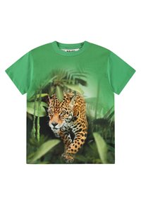 Zeleni pamukasti majica s printom jaguara među lišćem, s odvažnim mrljama i opuštenim krojem. Okruženje za vrat i kratki rukavi.