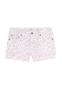 Pantalones cortos blancos con un estampado de leopardo en rosa claro, con herrajes metálicos, pasadores de cinturón y cinco bolsillos. Etiqueta de la marca visible en la cinturilla.