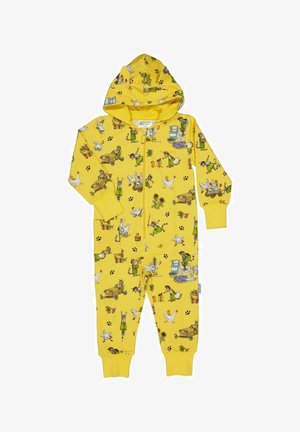 Yellow cotton onesie with a hood, featuring farm animal and activity prints. Designed with a front zipper and long sleeves.