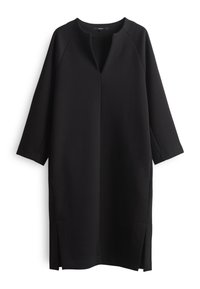 Black dress made of soft fabric, featuring a V-neck, three-quarter sleeves, side slits, and a relaxed fit. Minimalist and contemporary design.