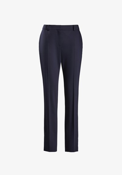 Mornarsko modri hlače s slim fit krojem, z ravnim sprednjim delom, dvema stranskima žepoma in gladko teksturo tkanine.