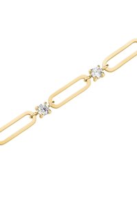 Pulsera de eslabones de oro que presenta enlaces alargados y ovalados alternos, con dos piedras preciosas circulares transparentes engastadas en garras de oro.
