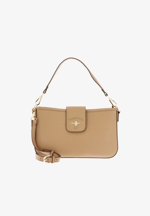 Sac d'épaule en cuir marron clair U.S. Polo Assn. avec logo doré, fermeture à rabat, poignée courte et bandoulière ajustable avec boucle.