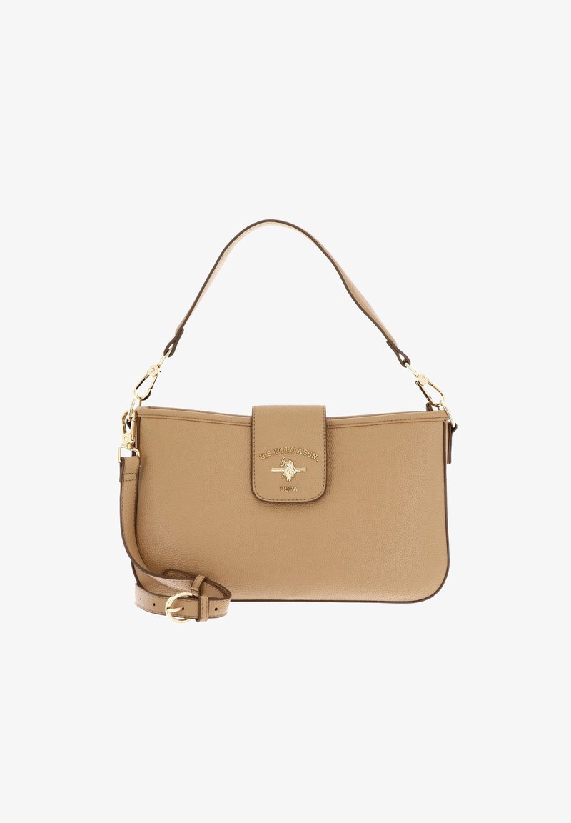 Sac d'épaule en cuir marron clair U.S. Polo Assn. avec logo doré, fermeture à rabat, poignée courte et bandoulière ajustable avec boucle.
