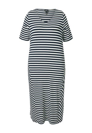Stribet gravidkjole med korte ærmer. Marineblå og hvide lodrette striber, V-udskæring, blødt stof og ruchingdetaljer på siden.