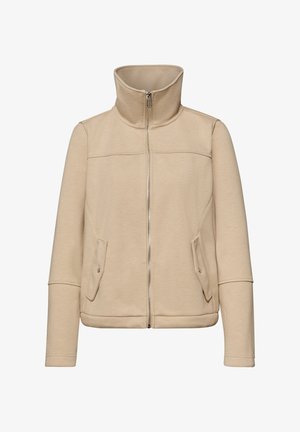 Beige Reißverschlussjacke mit hohem Kragen, langen Ärmeln und zwei vorderen Klappentaschen mit Knopfverschluss.