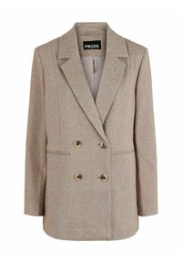 Beżowa dwurzędowa marynarka z klapami w szpic, czterema guzikami, dwiema kieszeniami wpuszczanymi z przodu oraz teksturowanym materiałem od marki Pieces, w rozmiarze medium.