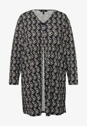 Black cardigan featuring a V-neck, long sleeves, and a repeating white circular pattern. It has a button closure at the neckline.