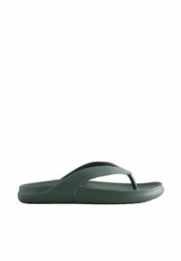 Sandale tongs en caoutchouc vert foncé avec semelle texturée et large bride, présentée en vue latérale sur fond blanc.