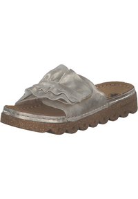 Silver slide sandal with a textured upper featuring ruffles. Cork sole with a wavy edge for added grip and comfort.