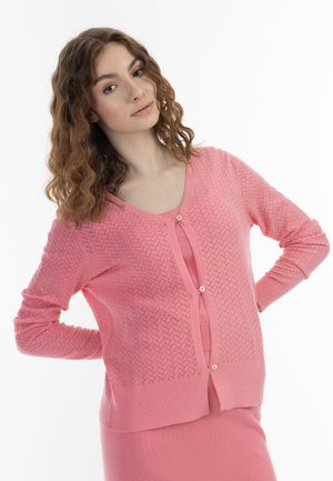 Cardigan lavorato a maglia rosa chiaro con un motivo a zigzag testurizzato, dotato di scollatura a V, maniche lunghe e chiusura con bottoni davanti.