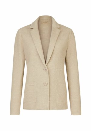 Beżowa dzianinowa marynarka z dwoma guzikami, kołnierzem z wycięciem, długimi rękawami i dwoma przednimi naszywanymi kieszeniami.