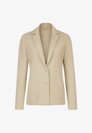 Beżowa dzianinowa marynarka z dwoma guzikami, kołnierzem z wycięciem, długimi rękawami i dwoma przednimi naszywanymi kieszeniami.