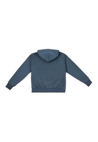 Sweat à capuche bleu foncé avec poche kangourou, poignets et ourlet côtelés. Tissu doux et texturé sans marquage visible. Vue arrière présentée.