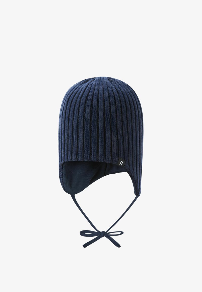 Navy blue ribbed knit winter hat with ear flaps and ties, lined for warmth, featuring a small black tag with a white "R" logo.